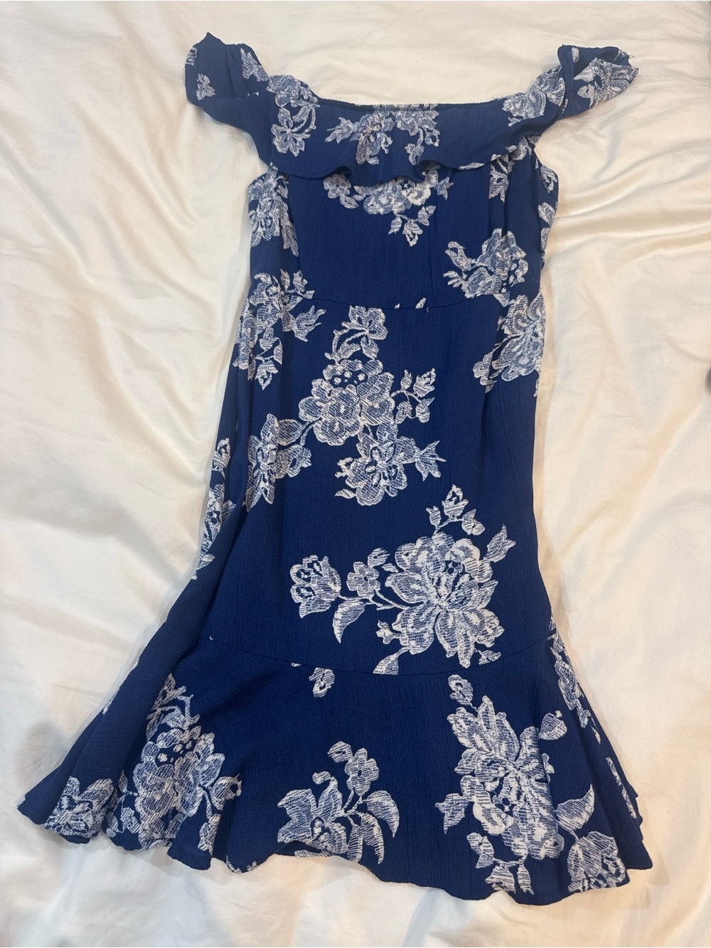 Lulus blue and white floral off shoulder dress